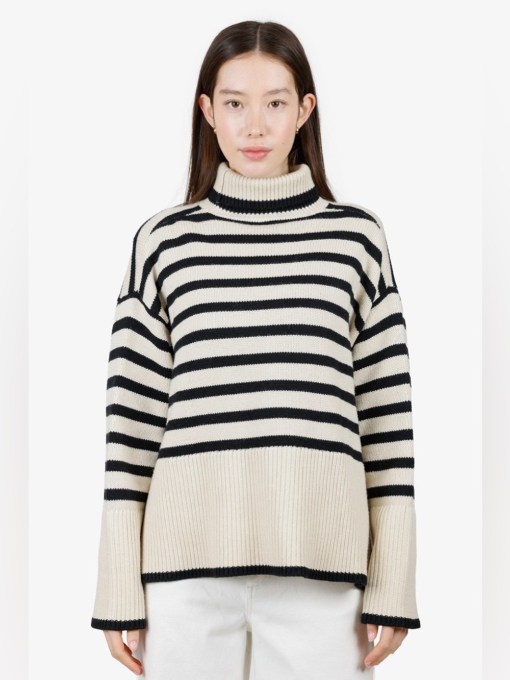 TOTEME BLACK AND WHITE WOOL- COTTON SIGNATURE STRIPE TURTLENECK SWEATER SIZE M - Picture 9 of 12